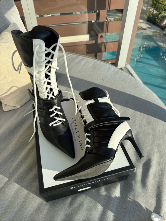 Azalea Wang Shoes - Black & White Lace-Up Pointed Stiletto Boots by Azaïa Wang